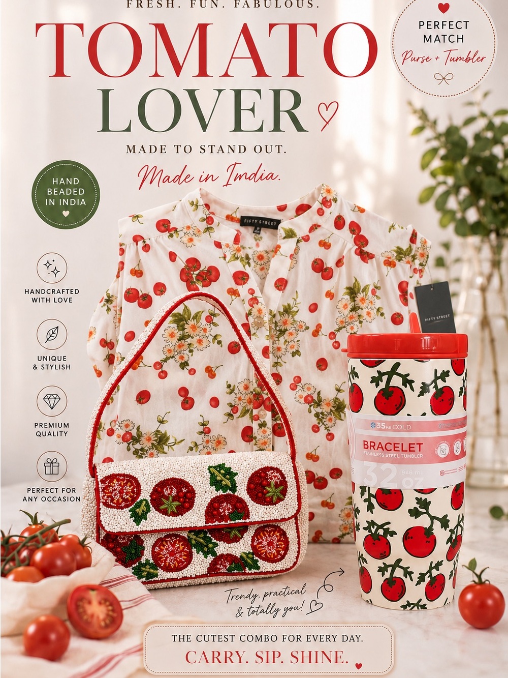 Made in  India tomato beaded bag with matching silk blouse and work tumbler